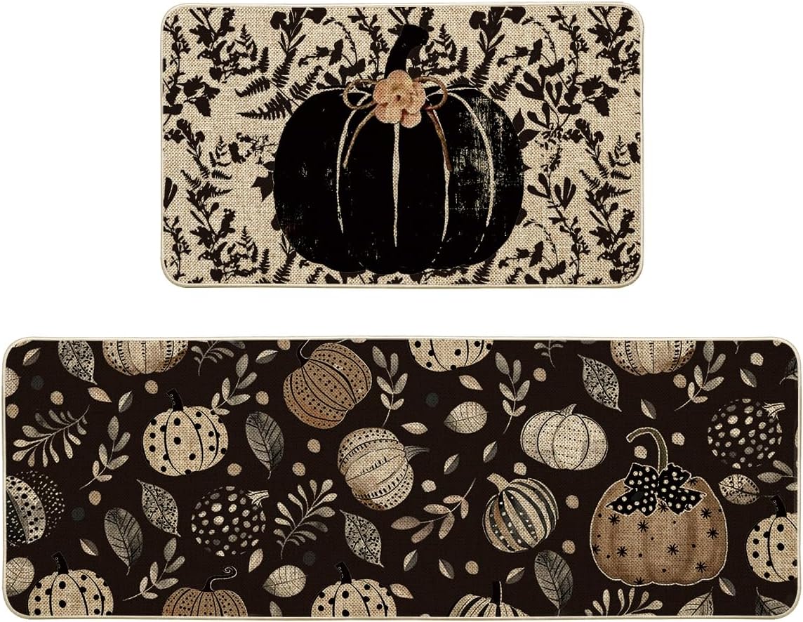 Artoid Mode Black Pumpkin Maple Leaves Fall Kitchen Mats Set of 2, Autumn Home Decor Low-Profile Kitchen Rugs for Floor - 17x29 and 17x47 Inch