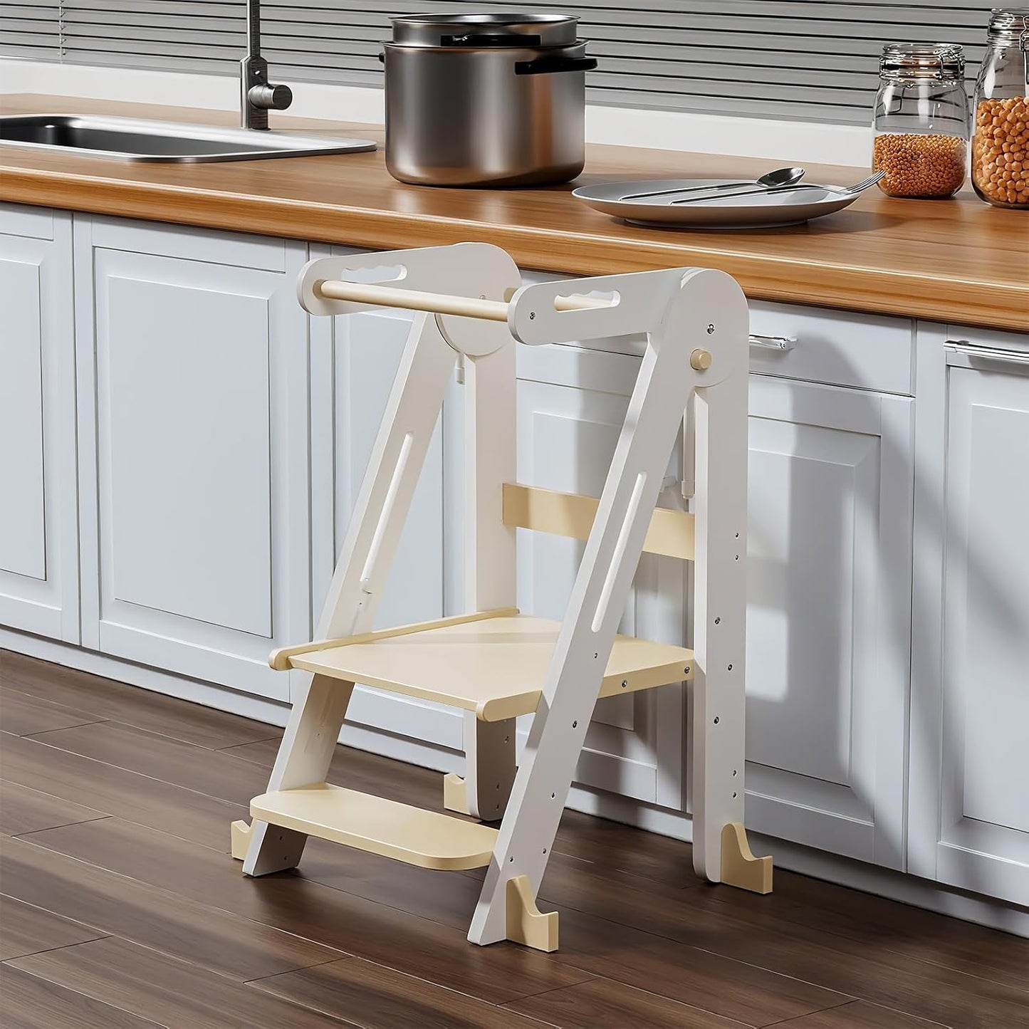 Kids Kitchen Step Stool, Foldable Toddler Tower, Height Adjustable Toddler Standing Tower with Safty Rail and Anti-Slip Device, Wooden Stool for 1.5-6 Years(White-Wood)