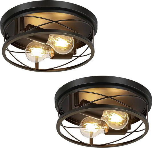 VIOLOEMI Farmhouse Lights,Black Industrial 2 Pack Round Metal Flush Mount Hallway & Bedroom Ceiling Lamp, Kitchen Round Lights (Bulbs Not Included)