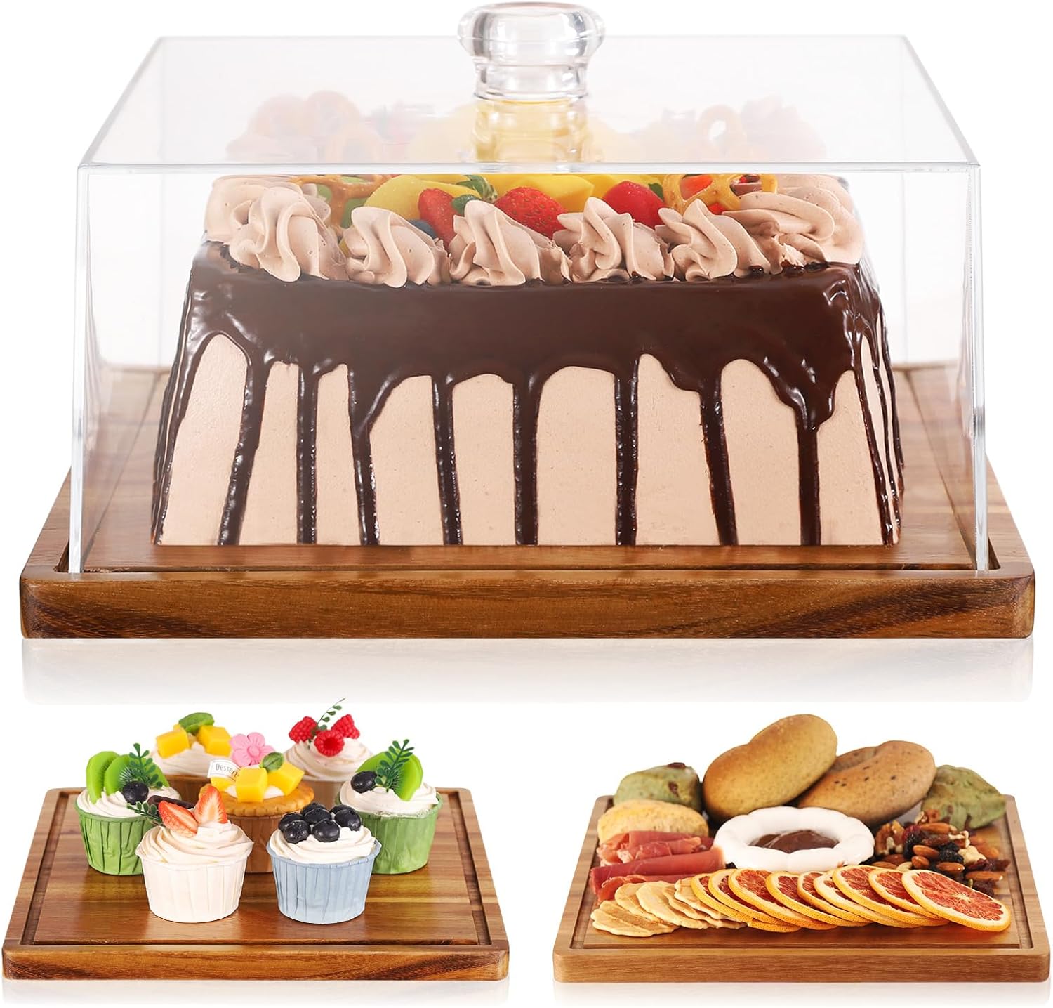 Square Cake Stand with Lid，11in Acacia Wood Cake Stand with Dome，Dessert Display Stand with Acrylic Cover for Cheese，Pie，Chips & Dips，Serving Platter with Cover for Kitchen\/Party\/Wedding\/Birthday
