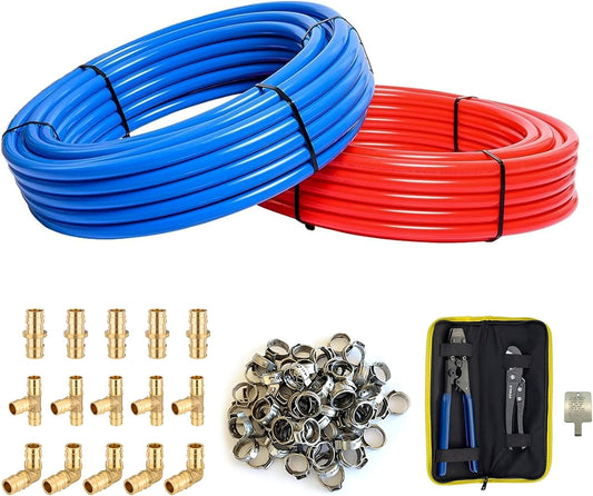 3\/4 Inch HeSun PEX-B Pipe, 2x100FT Pex B Tubing with 3\/4" 15PCs Brass Pex Fittings and 50PCs Cinch Clamp Rings, Clamp Tool,Pipe Cutter,200 Feet in Red&Blue(139)