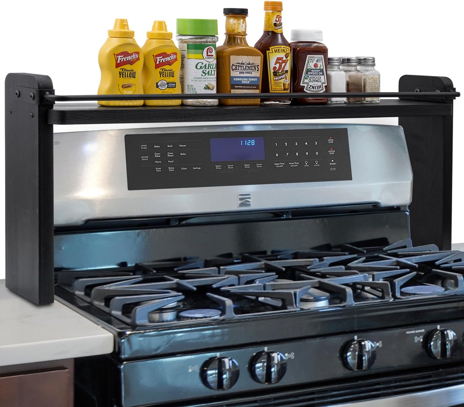 MyGift 33 Inch Wide Over The Stove Top Spice Shelf, Rustic Coal Black Solid Wood and Industrial Black Metal Space Saving Stovetop Range Storage Display Rack