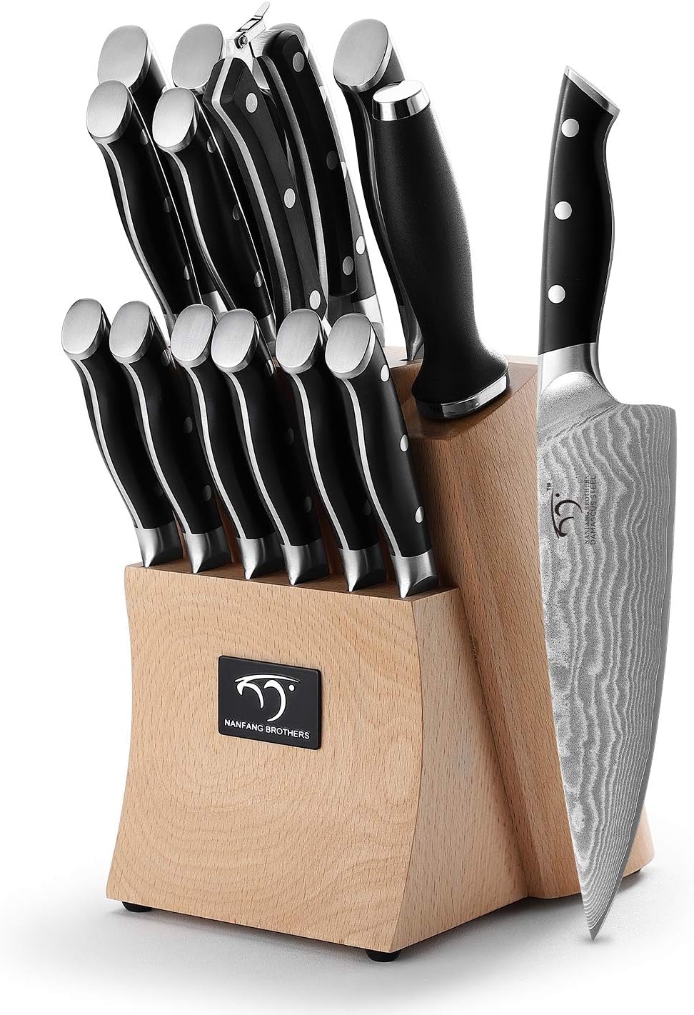 Damascus Kitchen Knife Set, 15-Piece Kitchen Knife Set with Block, ABS Ergonomic Handle for Chef Knife Set and Serrated Steak Knives Knife Sharpener and Kitchen Shears, Beechwood Block