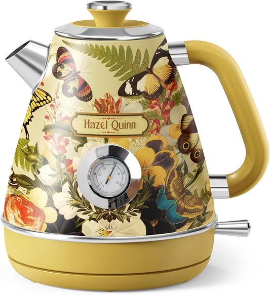 Hazel Quinn X Eduardo Recife Electric Kettle - 1200W Fast Water Boiling, 1.7L\/57oz, All 304 Stainless Steel Interior, BPA-Free, Auto Shut-Off, Cordless Retro Teapot with Thermometer - Floral Patterned