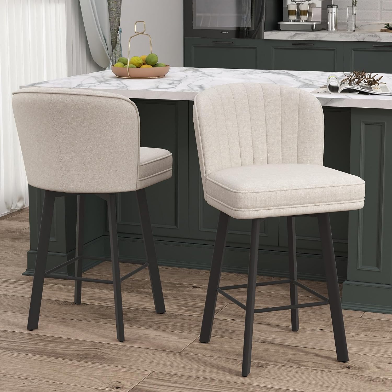 SAECKBERG Swivel Counter Height Bar Stools Set of 2, 26'' Modern Barstools with Backs and Metal Legs, Upholstered Bar Chairs, Beige, Fabric Stools for Kitchen Island Chairs
