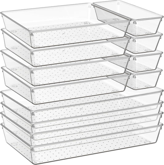 Criusia 12 Pack Large Clear Plastic Drawer Organizer Trays | MULTI-USE Acrylic Drawer Storage for Kitchen, Bathroom, Makeup, Office, School, Undies | College Dorm Room, Home Apartment Essentials