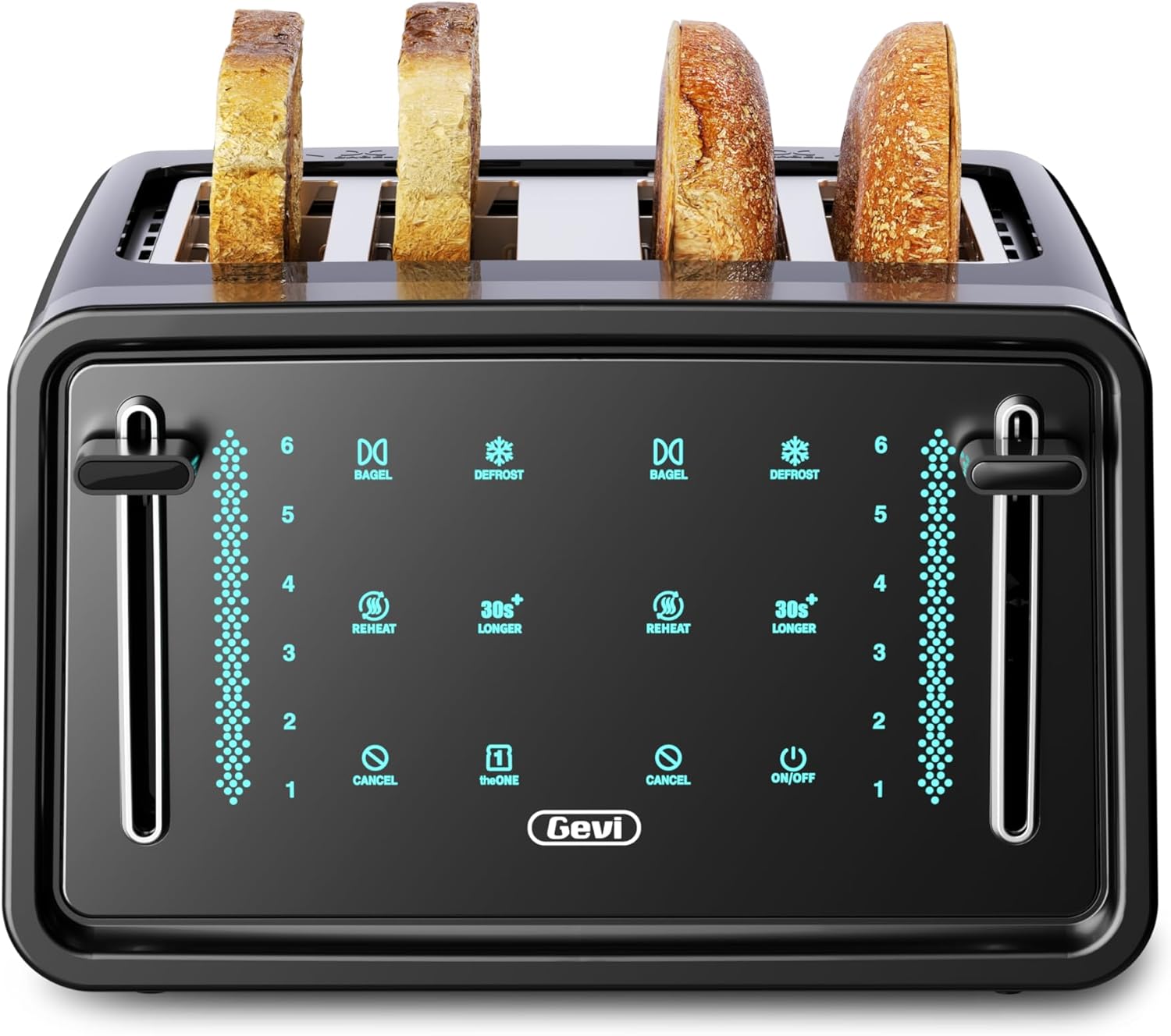 Gevi Toaster 4 Slice,Led Display Touchscreen Bagel Toaster with Dual Control Panels of Bagel/Reheat/Defrost/Cancel/Toasting One Slice/Longer Function,6 Shade Setting