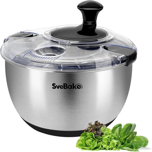 SveBake Stainless Steel Salad Spinner, 4.2 Qt Vegetable Washer, BPA-Free Lettuce Dryer with Crank Design, Dishwasher Safe, Non-Slip Base - Transparent Lid