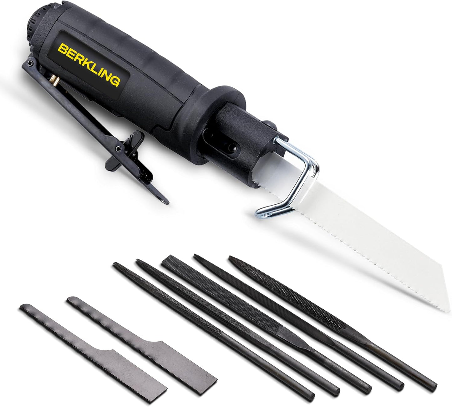 7102 Compact Air Saw/Reciprocating Saw - Low Vibration Air File Tool with 8-Piece Blade Kit (Bi-Metal 18T, 24T, 32T & 5 Files) - Multi-Function Pneumatic Autobody Cutting Tool