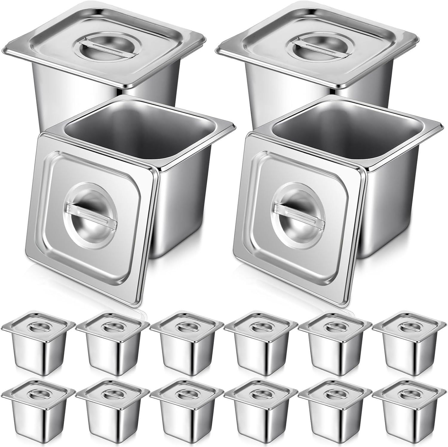 Rtteri 16 Pack 1\/6 Stainless Steel Pans with Lid and 2 Tongs, 4 Spoons 6 Inch Deep Hotel Pans Catering Food Storage Containers for Commercial Steam Table Hotel Restaurant Buffet Supplies