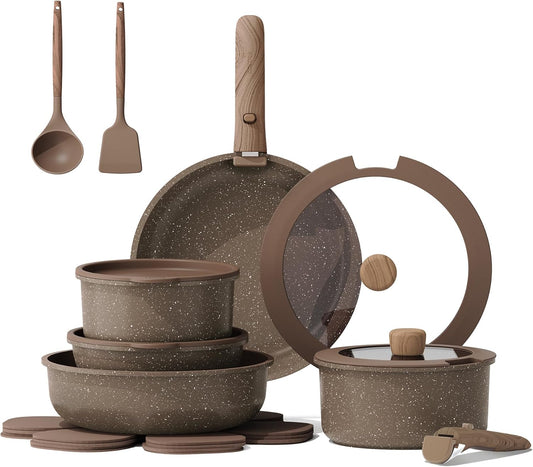 CAROTE 17PCS Pots and Pans Set Non Stick with Detachable Handle, Nonstick Cookware Sets, Cooking Kitchen Set, Oven/Dishwasher Safe, Induction Cookware, Brown, RV Kitchen Pot and Pan