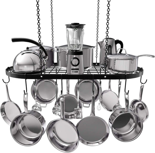 Vdomus Heavy-Duty Hanging Pot Rack - 33x17 Inches - Stylish Black Alloy Steel Ceiling Storage with 15 Hooks - Organize Kitchen Cookware and Utensils - Space-Saving Mounted Overhead Holder