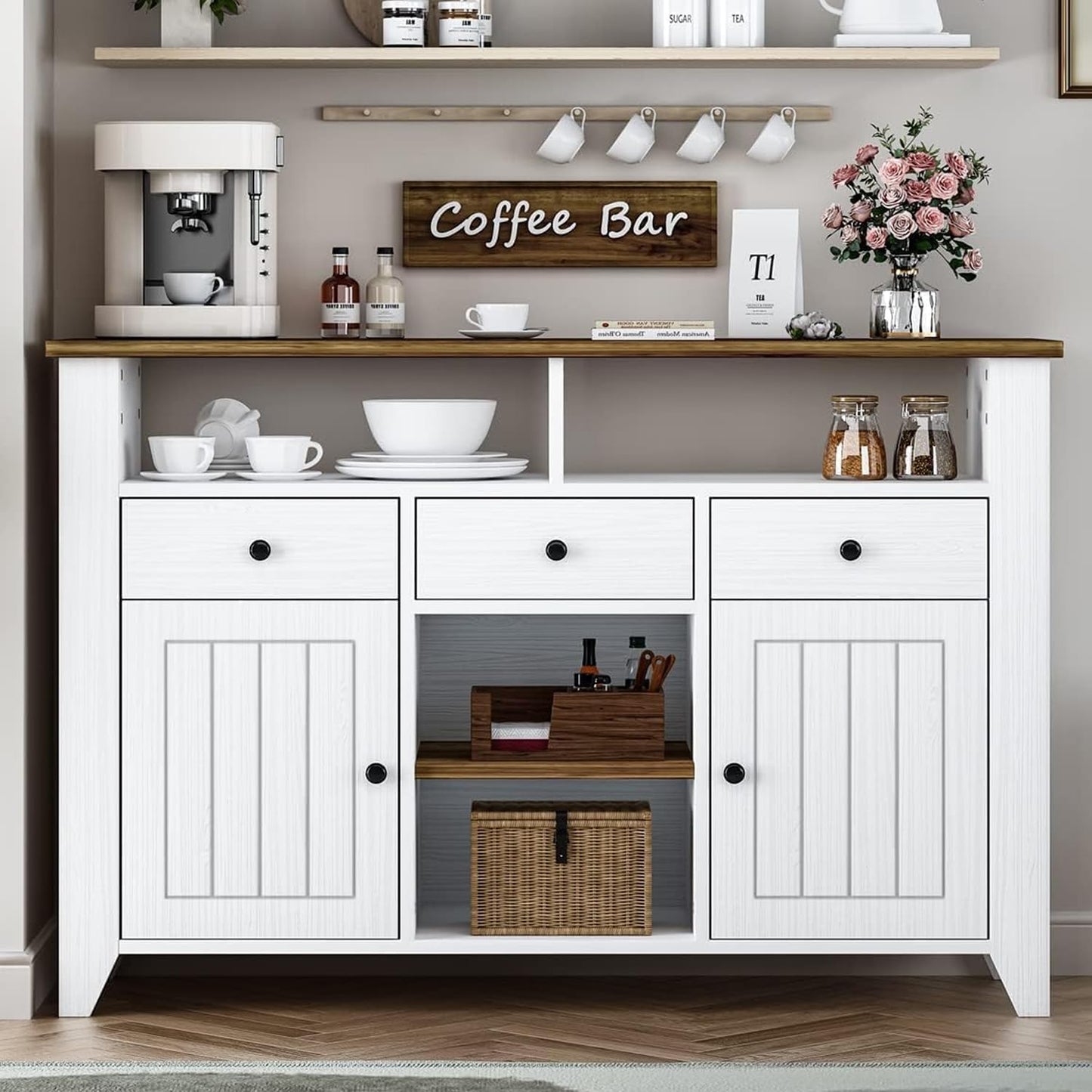 4ever2buy Farmhouse Coffee Bar Cabinet with Storage, 47 Inch Coffee Bar with 3 Drawers & 2 Doors, White Buffet Cabinet with Open Shelf, Kitchen Coffee Bar Cabinet for Living Dining Room