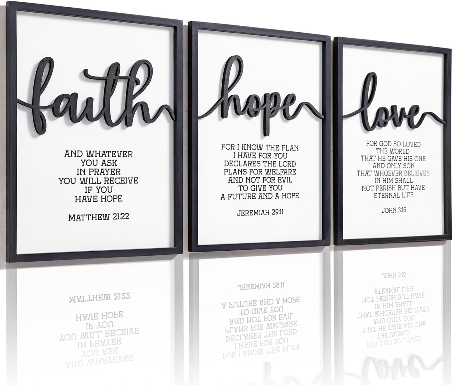 3D Wood Faith Hope Love Wall Decor, Christian Wall Art Bible Verses Wall Decor Scripture Wall Art for Bedroom Bathroom Kitchen Living Room Office(12x16 inches, Set of 3, Framed)