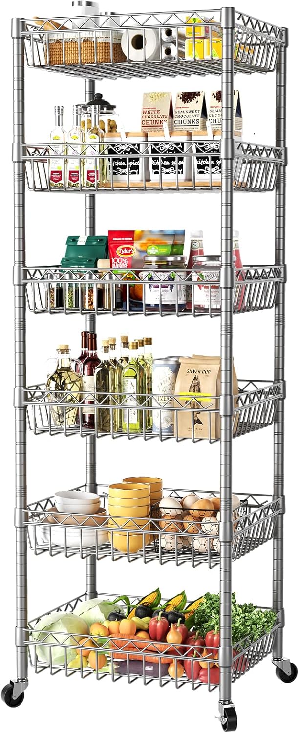 SINGAYE 6 Tier Shelf Adjustable Storage Shelves Rack Standing Units with Wheels Closet Wire Shelving Organizers Metal Pantry Kitchen Laundry Room 13.5" D x 13.5" W x 63" H Silver