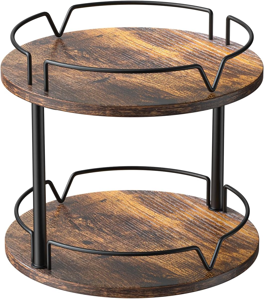 KLM 12" Wood Lazy Susan, Rotating Spice Rack, 2 Tier Spice Turntable Organizer, Industrial Turntable Spice Holder, for Kitchen Countertop and Cabinet, Compact and Versatile, Rustic Brown