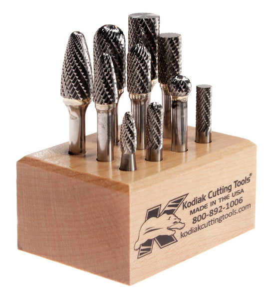 Kodiak Cutting Tools 4J-518Y-JQ3L USA Made Carbide Bur Set on 1/4" Shanks, Assorted (Pack of 10)