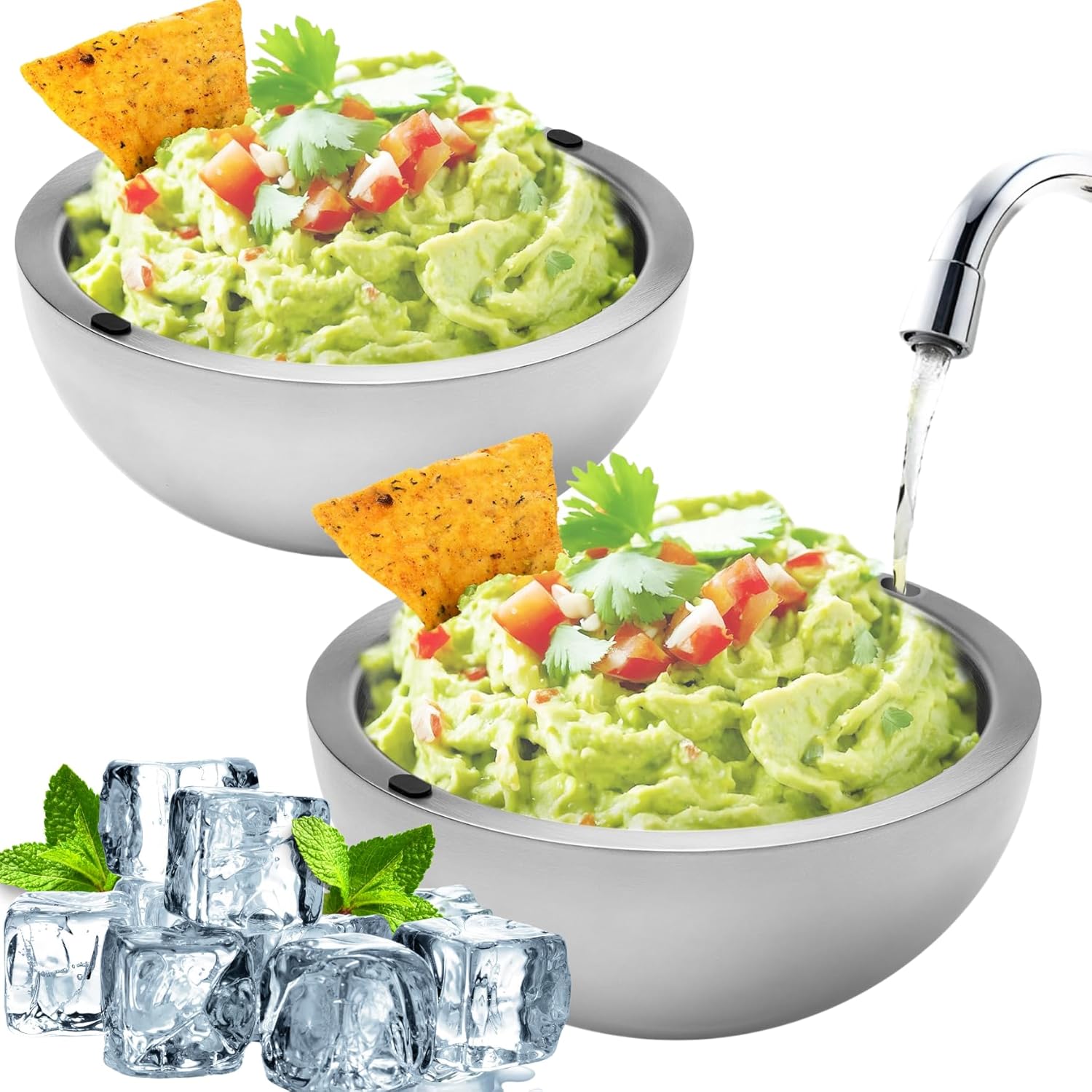 Dip Chiller Bowl - Large 70oz Capacity - Frozen Ice Stainless Steel Party Serving Bowl - Insulated Dip Dish Platter Keeps Salsa, Guacamole, Condiments, Sauces, Salad & Food Hot or Cold (2 Bowls)