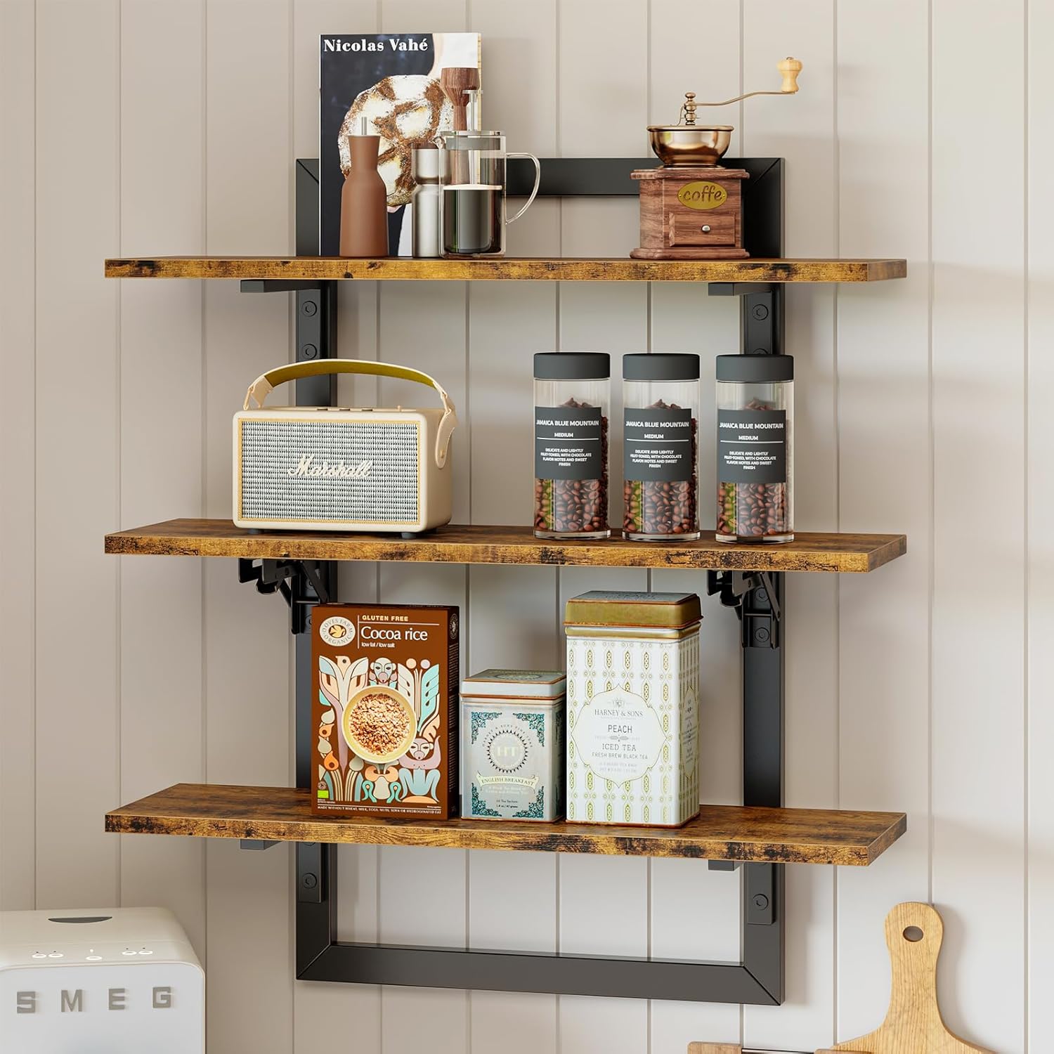 Bestier Floating Shelves for Wall, 24 inch Kitchen Shelves Wall Mounted, 3 Tier Coffee Bar Shelf with Foldable Brackets, Industrial Display Shelf for Bathroom, Living Room, Rustic Brown