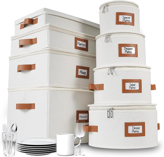HOMELUX THEORY Hard Shell China Storage Containers, 8pc Ivory Mug & Plate Storage Box, Kitchen Storage Bins W\/Lids, Heavy Duty Moving Box with Handles for Dishes, Glassware, Silverware, Cup & Mug