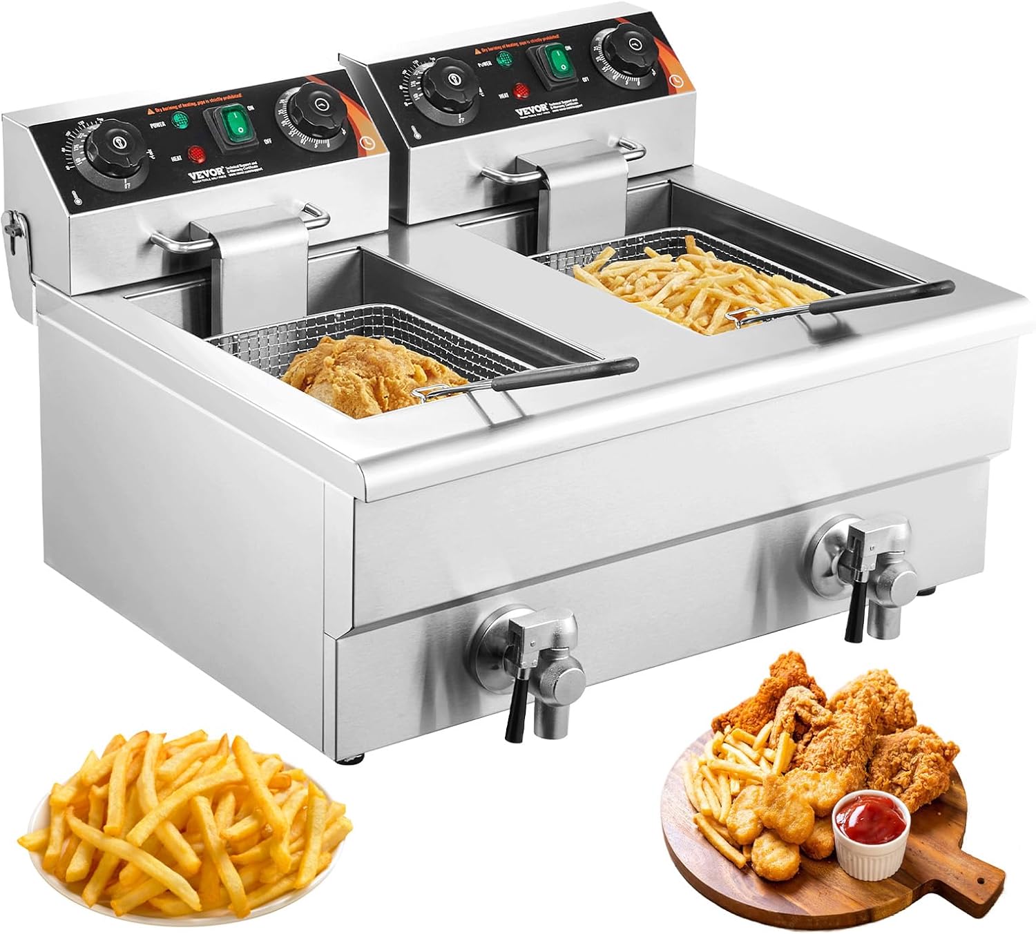 VEVOR Commercial Deep Fryer, Dual Tank 3000W Electric Countertop Fryer with Basket, 2 x 11.6Qt\/11L Double Stainless Steel Oil Fryer with Drain, Time & Temp Control, for Kitchen Restaurant Use