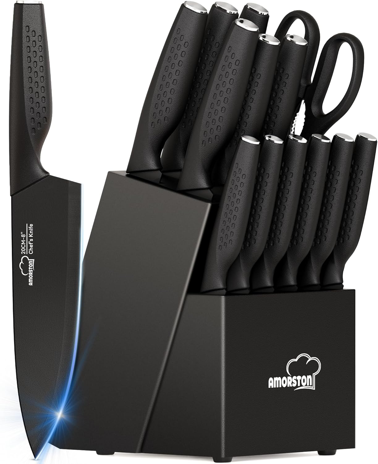 Knife Set, 15 Pieces Kitchen Knife Set with Block Built in Sharpener, Dishwasher Safe, German Stainless Steel Knife Block Set, Elegant Black