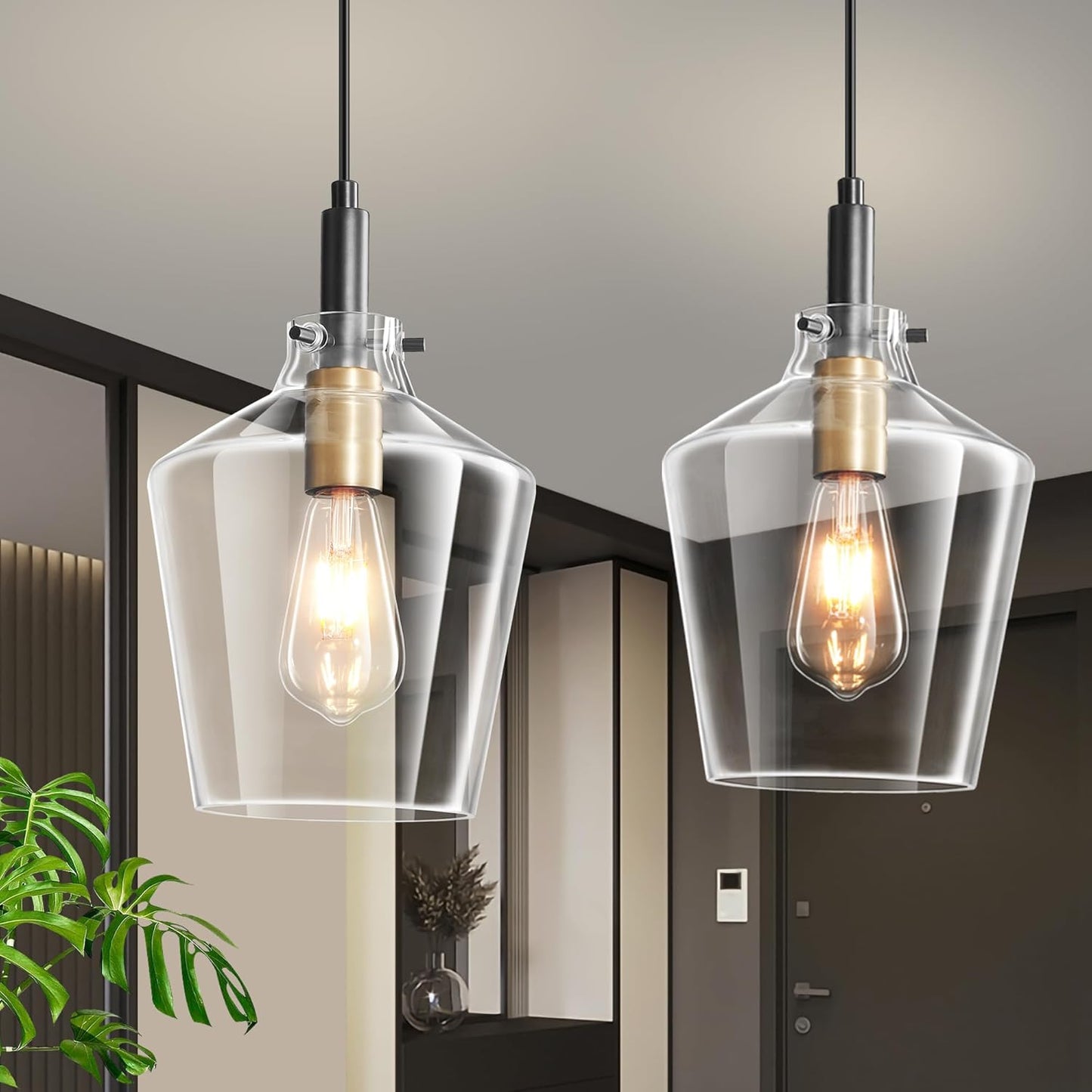 Vaziden Modern Glass Pendant Lighting for Kitchen Island 2 Pack, Farmhouse Black and Gold Pendant Light Fixtures, Adjustable Hanging Ceiling Light, Angled Clear Glass Shades 8 Inch