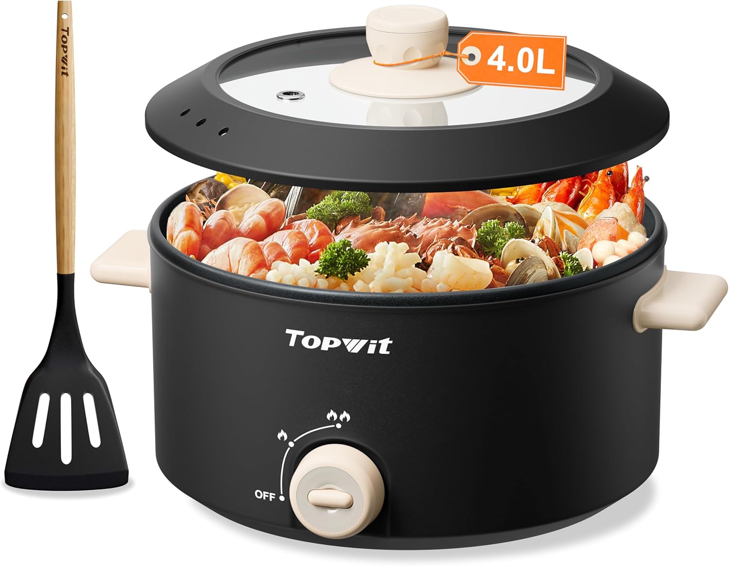 TOPWIT Hot Pot Electric, 4L Electric Pot with Non-Stick Coating, Dual Power Electric Cooker for Deep Frying, Steak, Pasta, Multi-Functional Large Capaity Shabu Shabu Pot for Party, Dark Black
