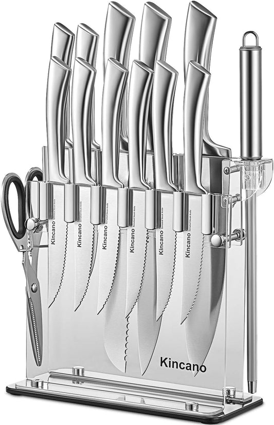 Knife Set, 14 PCS High Carbon Stainless Steel Super Sharp Kitchen Knife Set for Chef with Acrylic Stand, include Steak Knives, Sharpener and Scissors, Ergonomical Design by kincano