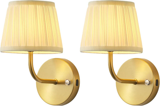 PUSU LED Cordless Gold H9.6 inch Small Wall Sconces Set of 2, Rechargeable 5200mAh Battery Operated Fabric Wall Lamp with Remote, Lighting for Living Room, Bedroom, Hallway, Bathroom, Stairs, Kitchen