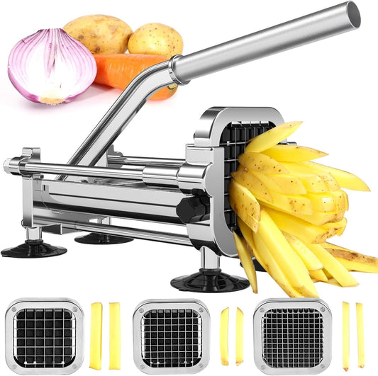 Befano French Fry Cutter, Stainless Steel Potato Cutter with 1\/2 Inch, 3\/8 Inch and 1\/4 Inch Blades (Manual Cutter, 1\/2 '' & 3\/8 '' & 1\/4 '' Blade)