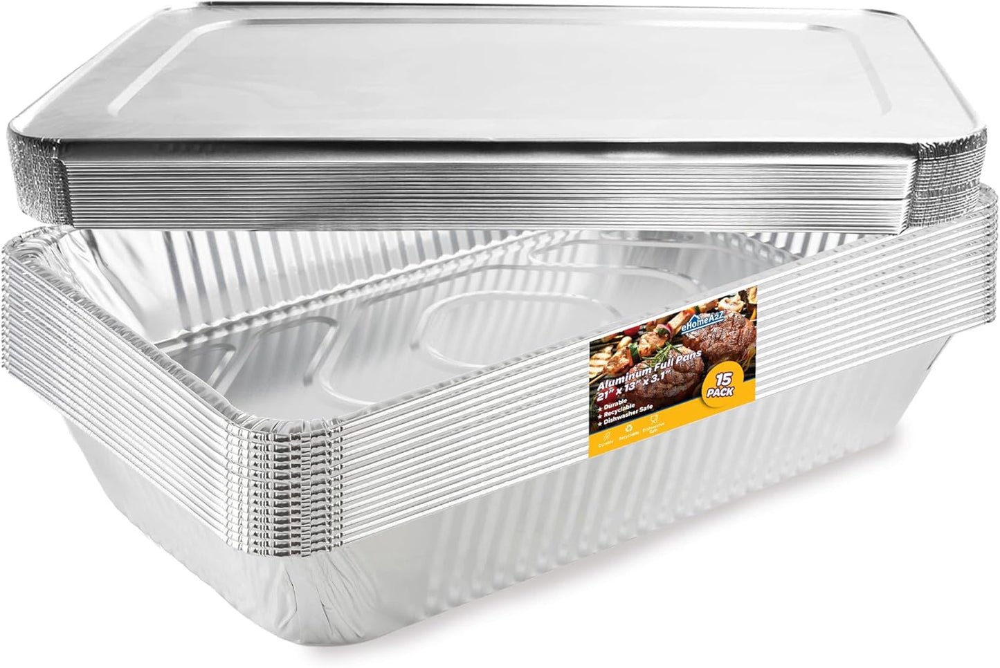 EHOMEA2Z Large Aluminum Pans With Lids Disposable Full Heavy Duty Roasting, Broiling, Baking, Catering Pans 21x13x3 (15, Full-Size w\/Lids)