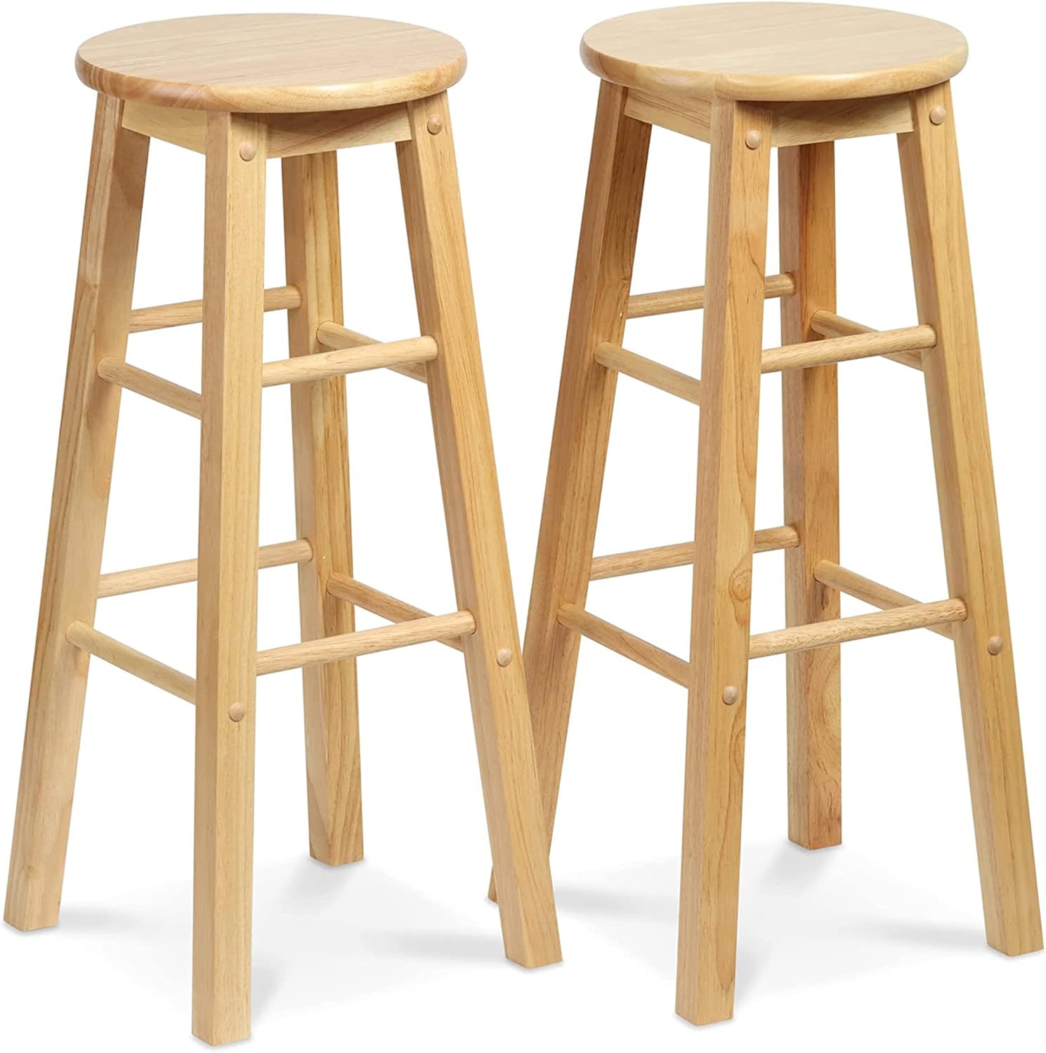 PJ Wood 29 Inch Tall Classic Round Seat Kitchen Counter Bar Stools 2 Pack with 4 Square Legs for Homes, Dining Spaces, and Bars, Natural