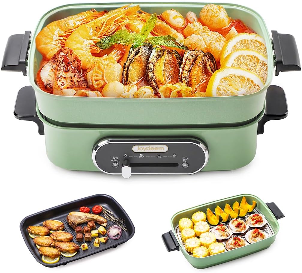 Joydeem 3-in-1 Electric Hot Pot, Multi-use Shabu Shabu Pot with Grill Pan & Steamer, Non-stick Ceramic Oil Coating, UL Listed, JD-HG9088G, Green