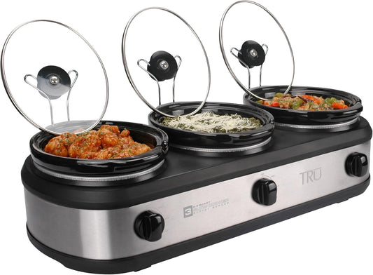 TRU Triple Buffet Server - Three 2.5 Quart Removable Crock Inserts - Slow Cooker & Food Warmer with Individual Heat Control - Includes Lid Rests & Serving Spoons