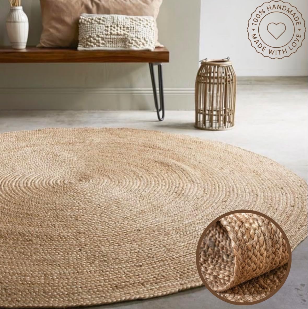 The Knitted Co. Handwoven Jute Braided Area Rug- Rustic Vintage Beige Reversible Rugs Eco Friendly Rugs for Bedroom Kitchen Living Room Farmhouse (Natural-6' Round)