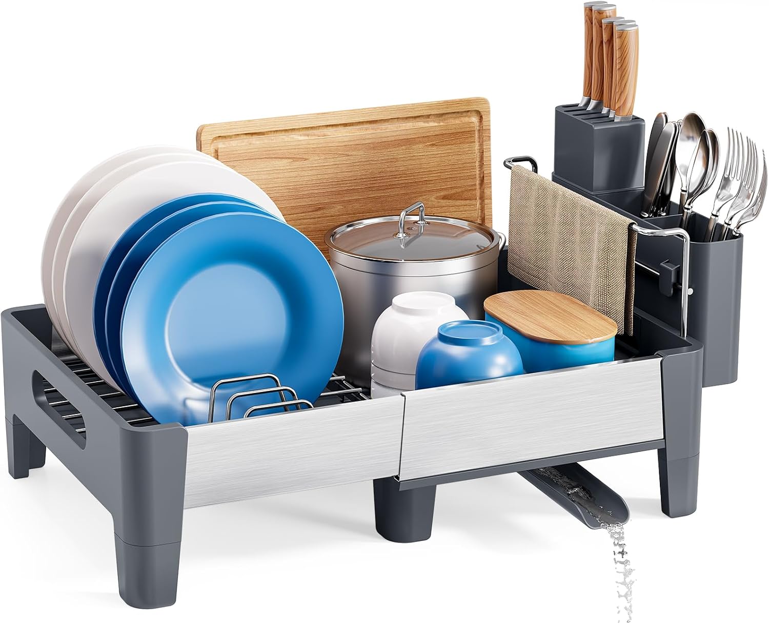 Urackify Expandable Dish Drying Rack, Stainless Steel Dish Rack with Aluminum Frame, Dish Racks for Kitchen Counter, Space Saving Kitchen Drying Rack with Movable Utensil Holder,Gray