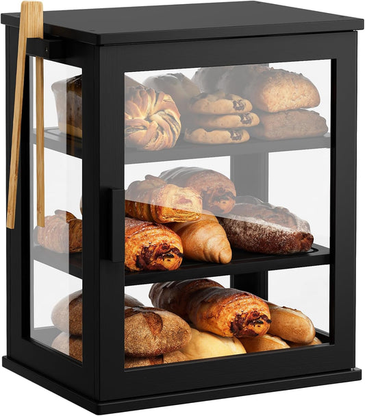 WOWLIVE Black Bread Box for Kitchen Countertop, Large 3 Layers Bread Storage Container for Homemade Bread with Window, Farmhouse Breadbox Organizer for Kitchen, Cabinet, Pantry (Black, Meduim)
