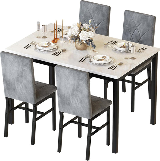 Hooseng Dining Table Set for 4 Faux Marble Kitchen Table and Chairs Set of 4,5 Piece with Velvet Upholstered Dinner Chairs for Compact Dining Room,Small Space,Grey