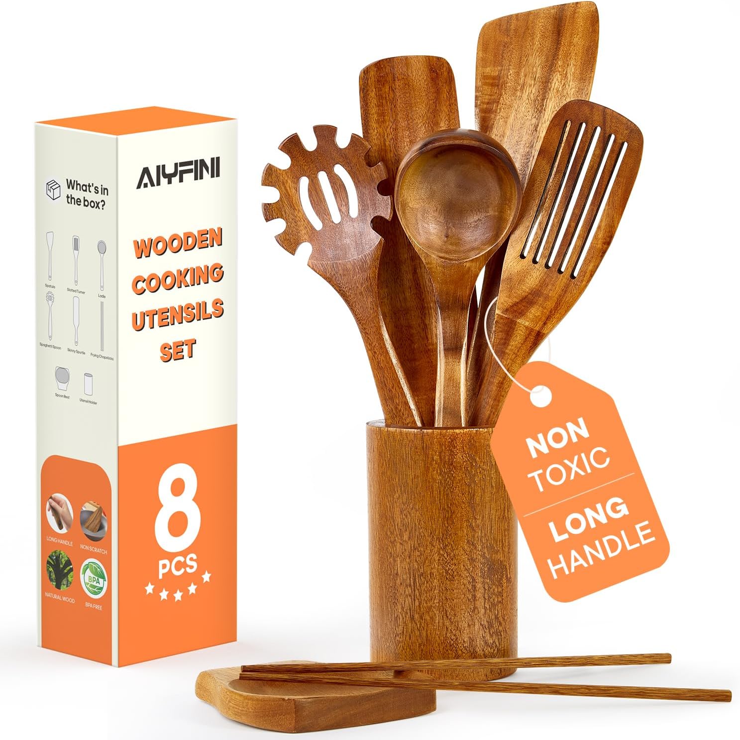 Non-Toxic Wooden Utensils for Cooking - Natural Acacia & Glue-Free,15.4" Large Spatula Set, Long Handle for Scald-Resistant, Wood Kitchen Spoons/Chopsticks/Holder, for Non Stick Frying Pans by ALYFINI