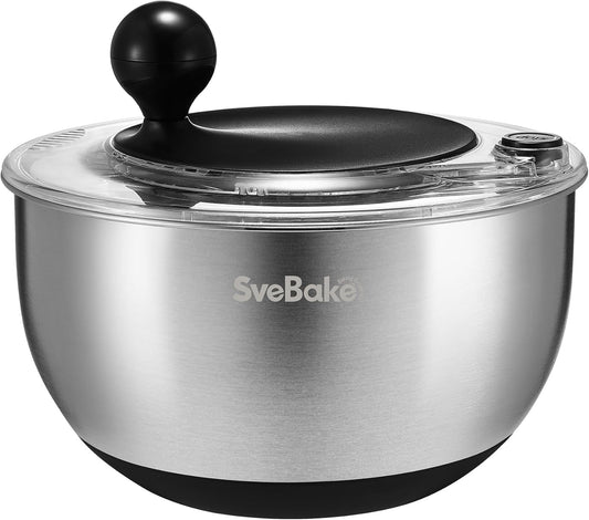 SveBake 5.3Qt Stainless Steel Salad Spinner with Stop Button, BPA-Free Vegetable Lettuce Spinner, Transparent Lid & Drainage Hole, Non-Slip Base, Dishwasher Safe Fruit Washer
