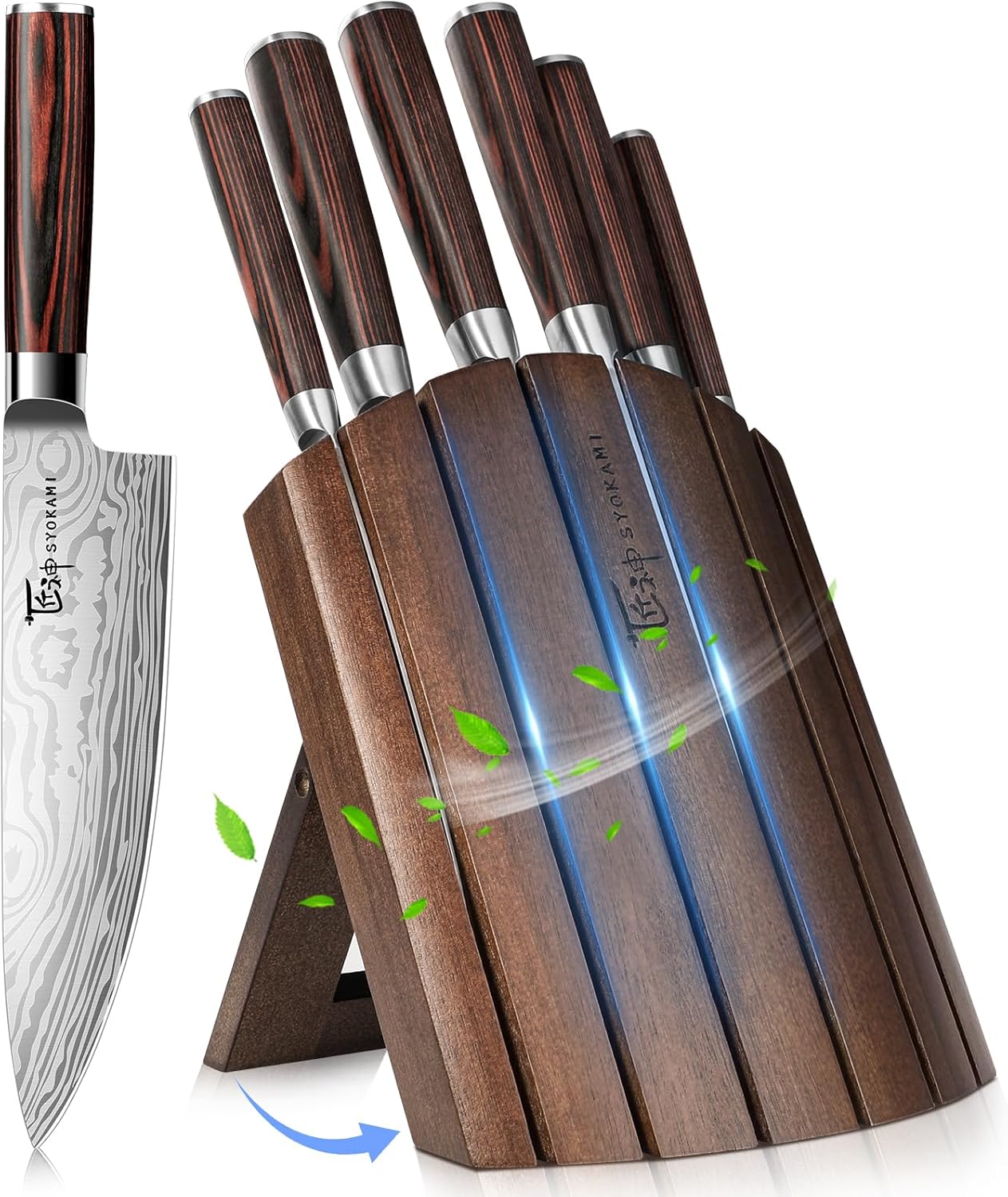 SYOKAMI Knife Set 7 Piece Japanese Style Kitchen Knife Set With Foldable Magnetic Acacia Wood Block Sharp High Carbon Stainless Steel Knives Set for Kitchen with Anti-slip Ergonomic Handle, Ideal Gift