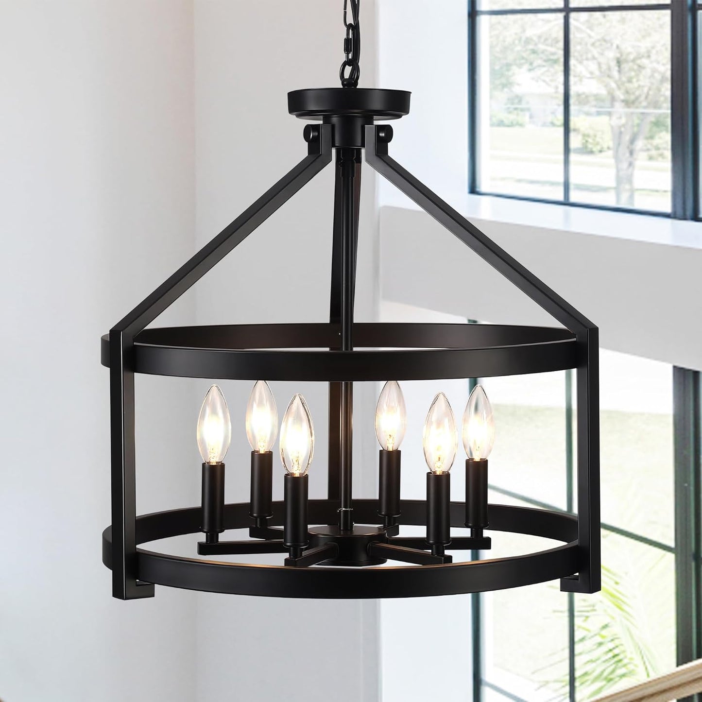 Black Farmhouse Chandelier for Dining Room,6-Light Modern Hanging Drum Chandeliers,20" Rustic Convertible Semi Flush Mount Ceiling Pendant Light Fixture for Kitchen Island Foyer Entryway Bedroom