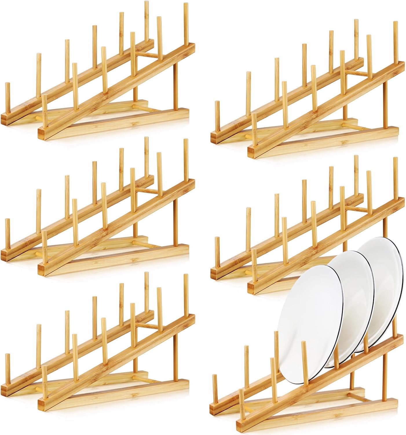 Suclain 6 Pcs Wooden Bamboo Dish Drying Rack Kitchen Cabinet Organizer for Cabinet Cutting Board Display Stand for Dish Plate Bowl Water Bottles Cup Pot Lid Cutting Board