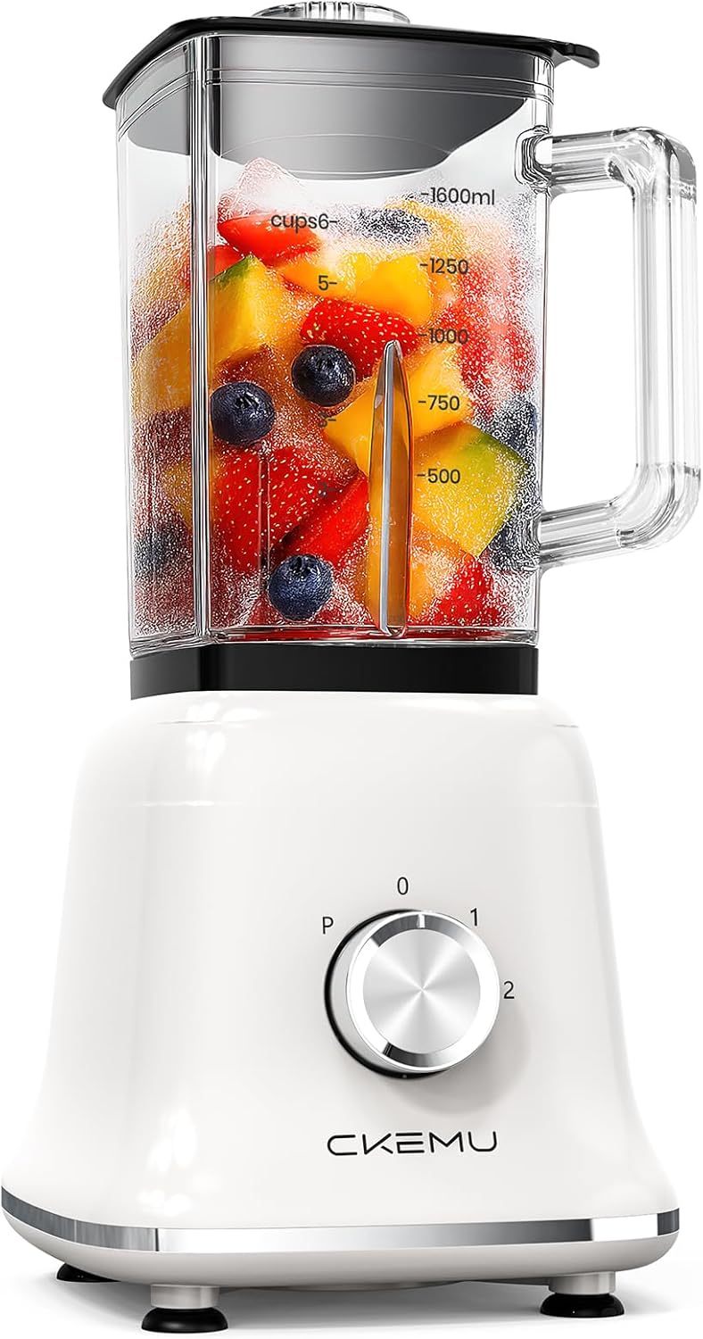 CKEMU Professional Blender For Smoothies, 58 Oz Glass Jar, Glass Blender Including Puree & Crush Ice Functions, 750 Watts, B02 (White)