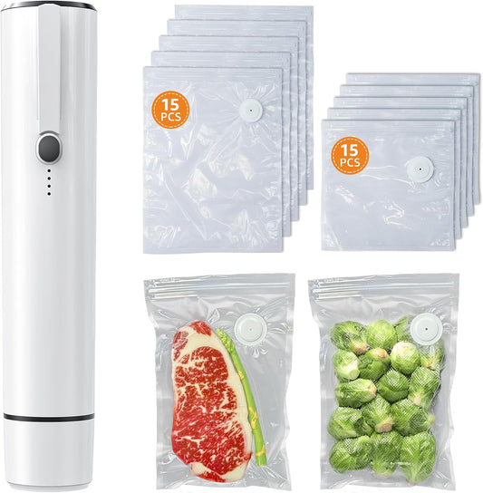 [2025 New Version] Kulukulu Vacuum Sealer Set, Portable Vacuum Sealer Machine for Food Storage and Sous Vide + 30 Reusable Vacuum Seal Bags(15 Medium Size + 15 Big Size)