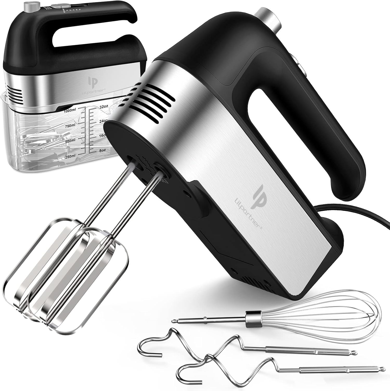 Hand Mixer Electric, 450W Kitchen Mixers with Scale Cup Storage Case, Turbo Boost\/Self-Control Speed + 5 Speed + Eject Button + 5 Stainless Steel Accessories, For Easy Whipping Dough,Cream,Cake