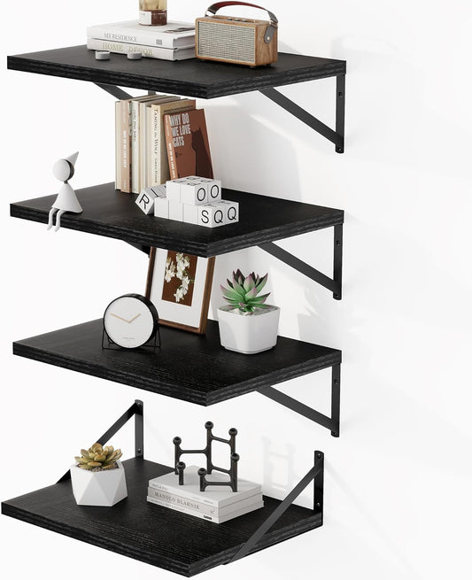 Heimlove 16W x 12D Wall Shelves, 12 Inch Deep Floating Shelves for Wall Set of 4, Wide Heavy Duty Shelves, Black Floating Shelves for Living Room Bedroom Bathroom Kitchen