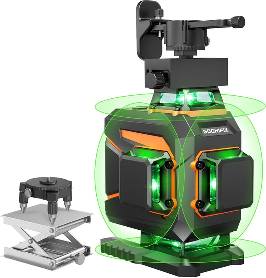 Laser Level 360 Self Leveling Green Light Laser Level Tool Wall Mount Base Bracket 100ft Nivel Laser Rechargeable Battery Receiver for Outdoor Use,4D 4x360