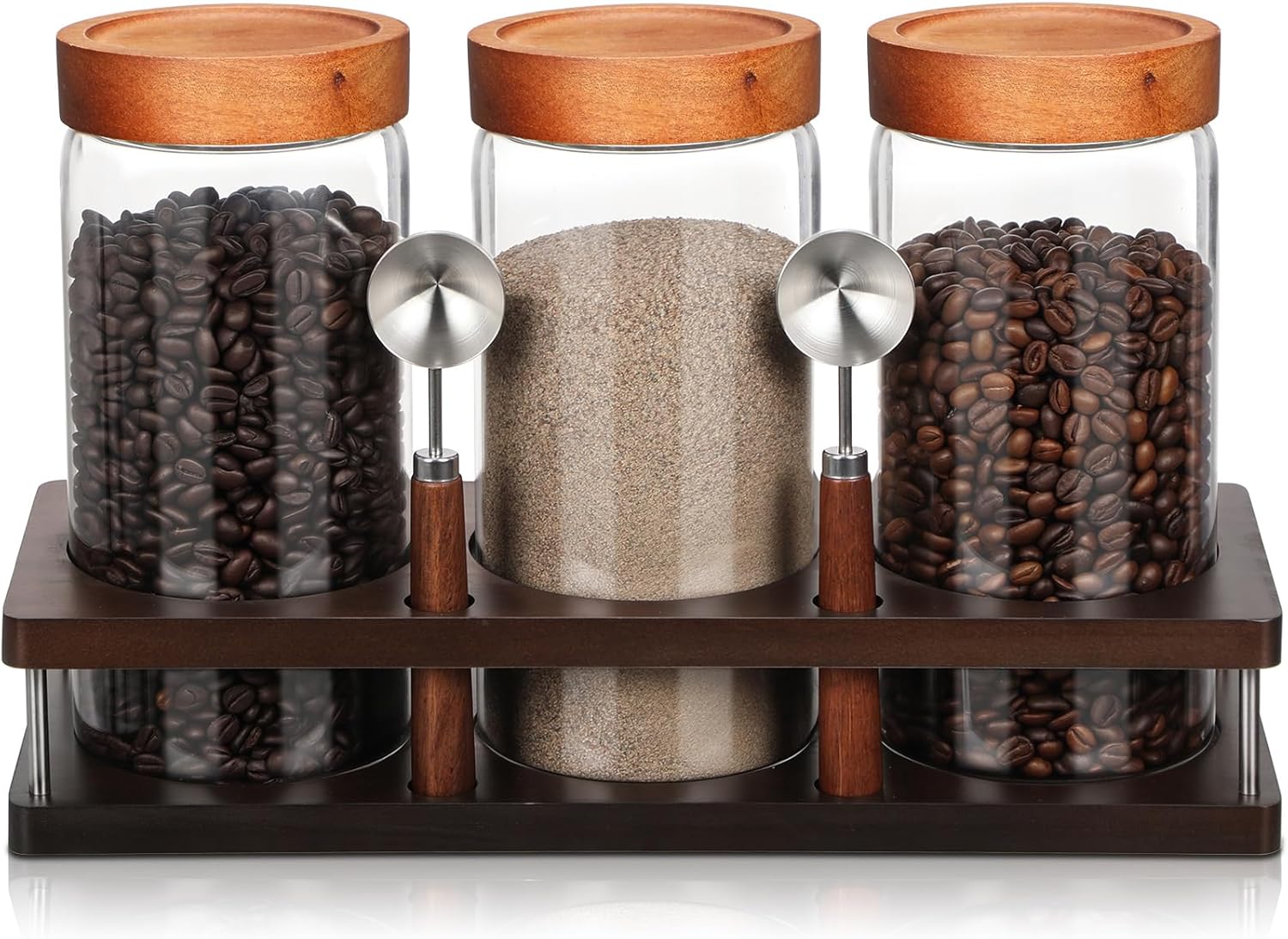 Suclain 3 Pcs Glass Coffee Grounds Container with Shelf 44 oz Glass Coffee Canisters with Airtight Lid and Measuring Spoon Kitchen Food Canister Jars for Tea Sugar Candy Nuts Kitchen